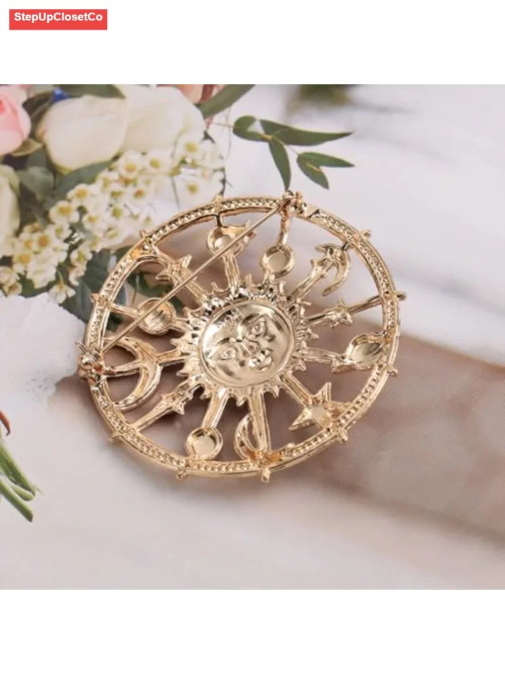 Vintage Moon Sun Brooch Pin Chunky Star Bohemian Statement